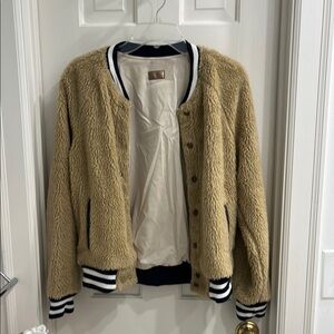 Tan Sherpa Bomber Jacket with Striped Trim